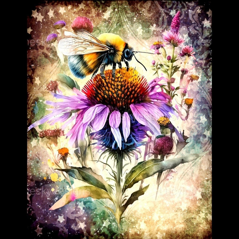 Bright Bumblebee Wildflower Nature Art Print 8.5x11 - Picture 2 of 4